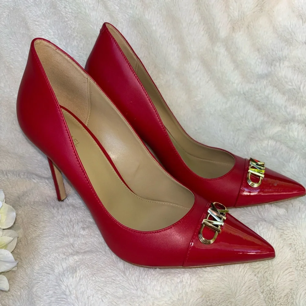 Michael Kors Red Pointed Toe Leather Pumps with Gold MK Logo size 9.5